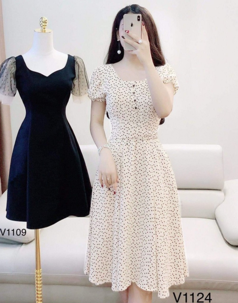 Đầm chấm bi ,eo thắt nơ xinh xắn