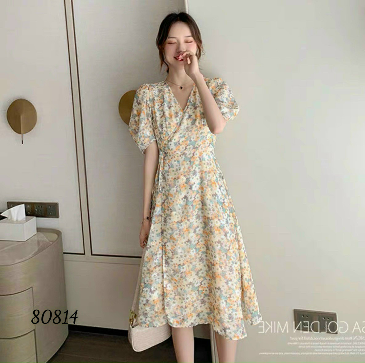 [HCM]Đầm suông hoa nhí cổ V tay ngắn phong cách vintage thời trang tinh tế nhẹ nhàng chất lụa dày dặn