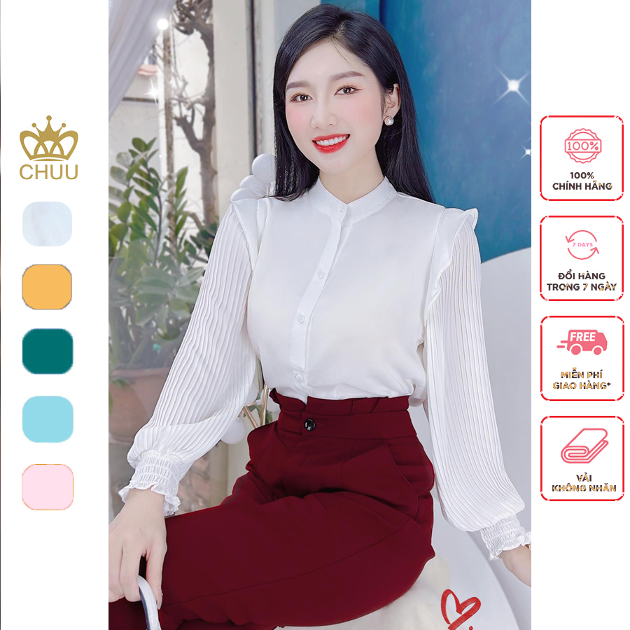 Áo sơ mi công sở nữ kiểu tay dài xếp li cổ trụ xinh xắn CHUU A6843