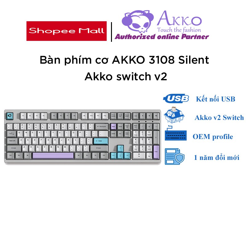 [Mã ELMALL10 giảm 10% đơn 500K] Bàn phím cơ AKKO 3108 Silent (Akko switch v2) - Cổng USB