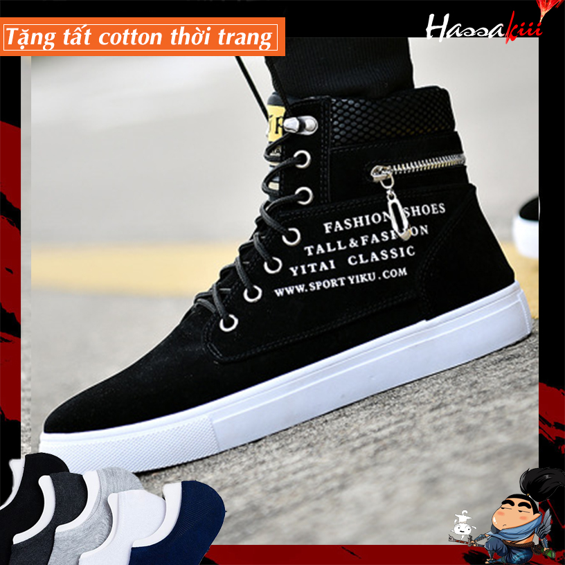 GIÀY SNEAKER NAM MÀU ĐEN CỔ CAO - DÂY BUỘC - ĐẾ DÀY - MŨI TRÒN THỜI TRANG HÀN QUỐC