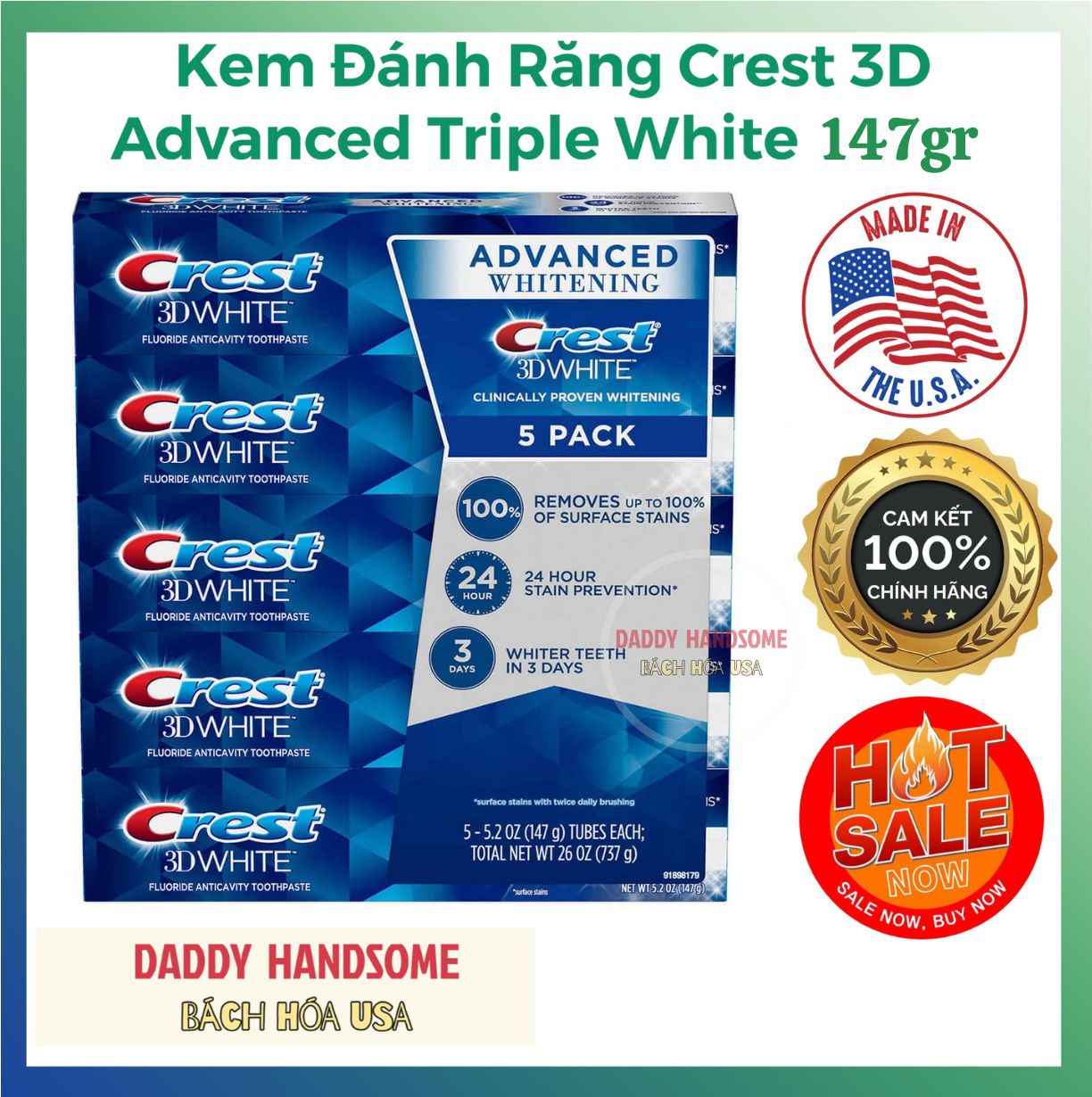 Lốc 5 kem đánh răng crest 3d white advanced 147gr siêu trắng răng chính hãng mỹ