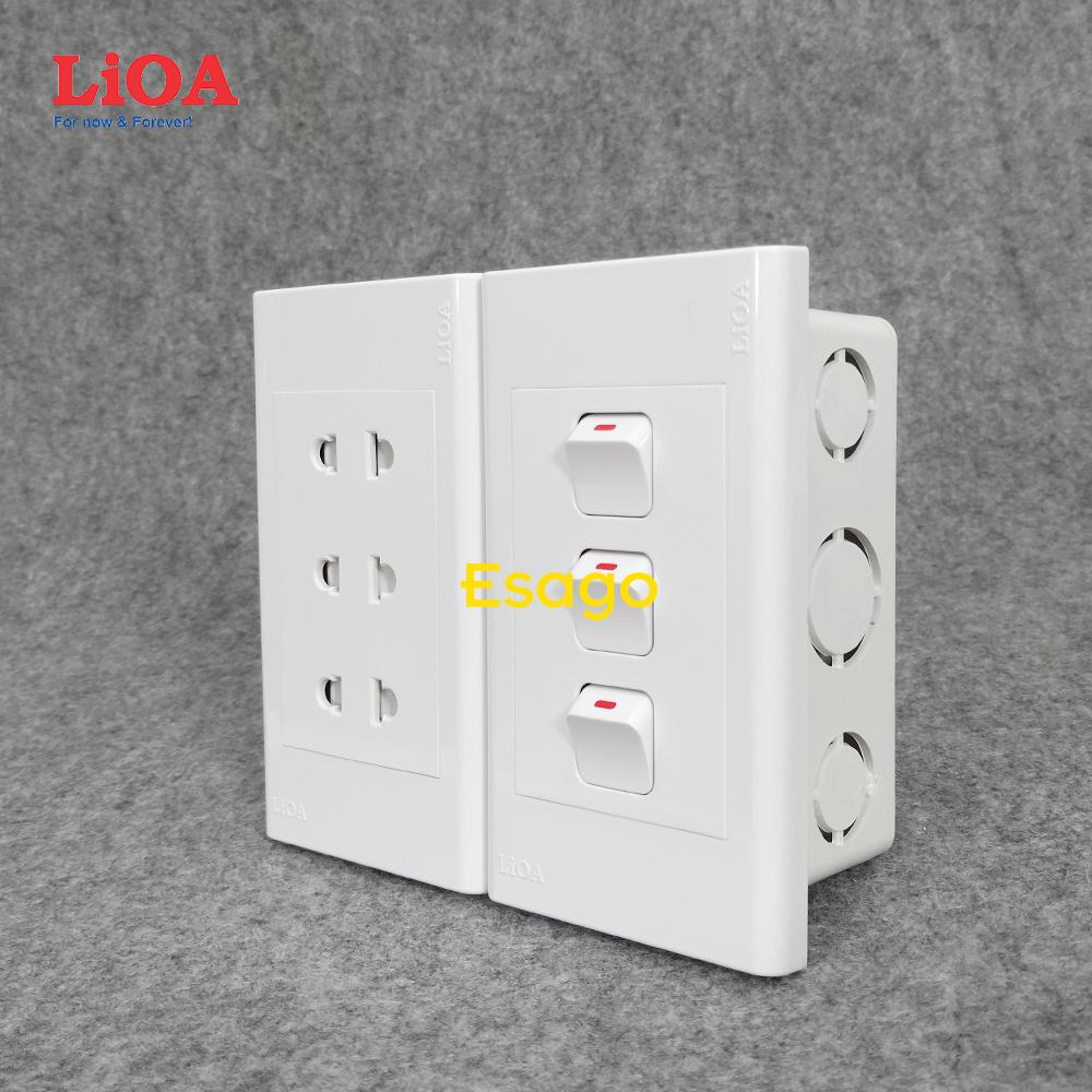 Combo ổ cắm điện ba 2 chấu 16A (3520W) + 3 công tắc điện LiOA - Lắp âm tường