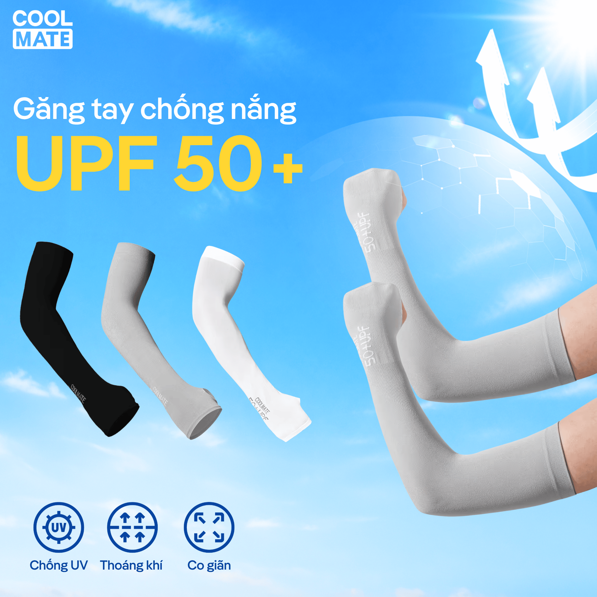 Găng tay nam nữ unisex đa năng chống nắng UPF 50+, ống tay thể thao Tennis, Pickleball, đá bóng, chạy bộ co giãn, thấm hút mồ hôi tốt, chống UV Coolmate