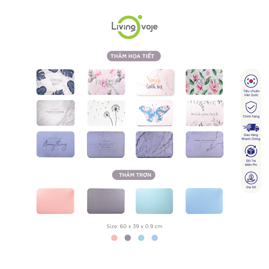 Thảm đá siêu thấm foot mat 60 x 39 x 0.9 cm living on - thảm chùi chân nhà tắm - thảm thấm nước