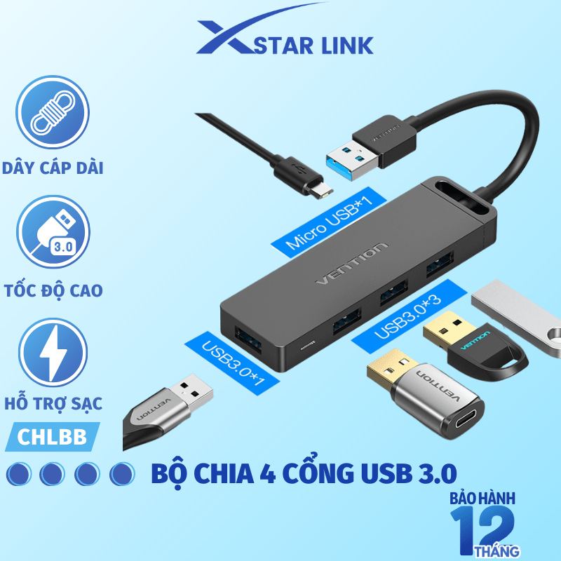 HUB Chia Cổng USB 3.0 Vention - Bộ chia 4 cổng Usb ABS Dành Cho máy tính PC Laptop HDD
