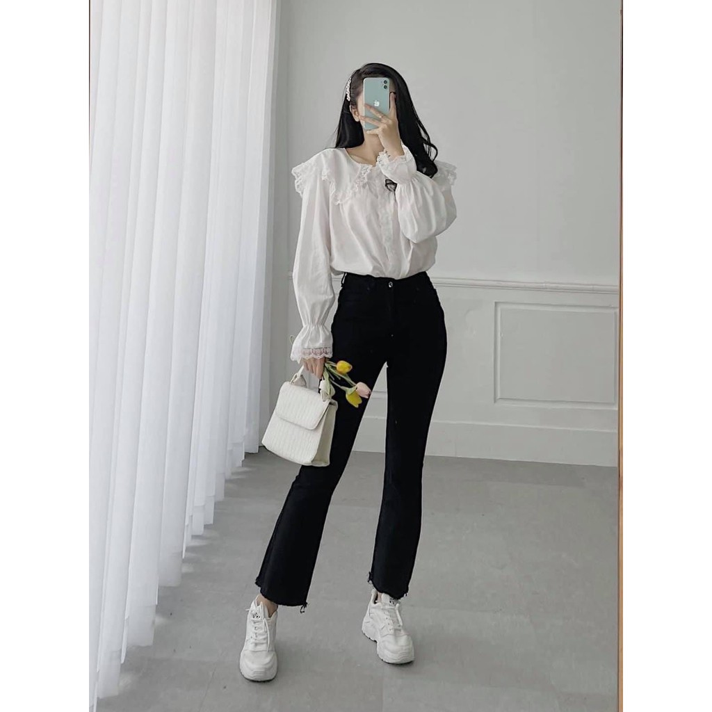 [HCM]Quần Jean Nữ Ống Loe Lửng 9 Tấc (Trắng Đen)