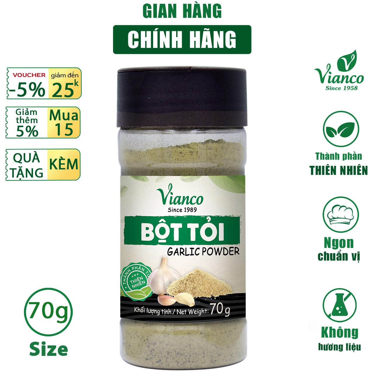 Bột Tỏi Vianco hủ 70g gia vị tự nhiên nguyên chất 100% không chất bảo quản tốt cho sức khỏe - Gia vị Việt Ấn