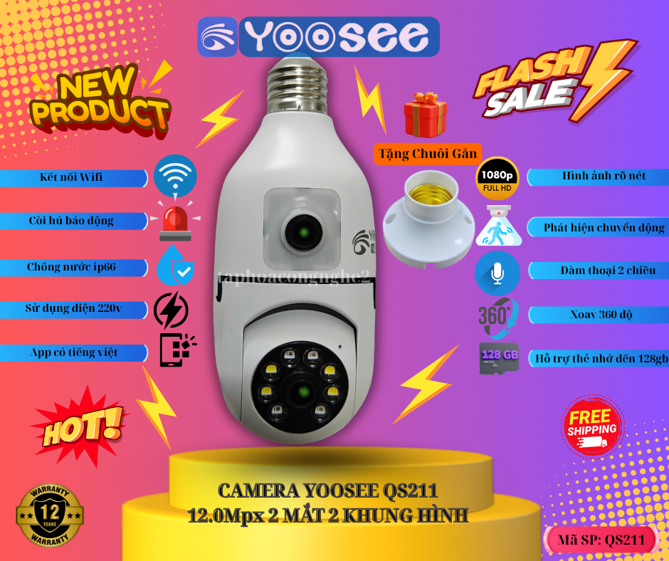 Camera WIFI YOOSEE Trong Nhà Không Dây, Thiết Kế Chui Cắm Điện/Chui Bóng Đèn, HD 1080p , Xoay 360 Độ, Hỗ Trợ Hồng Ngoại Ban Đêm Có Màu - BH 1 NĂM