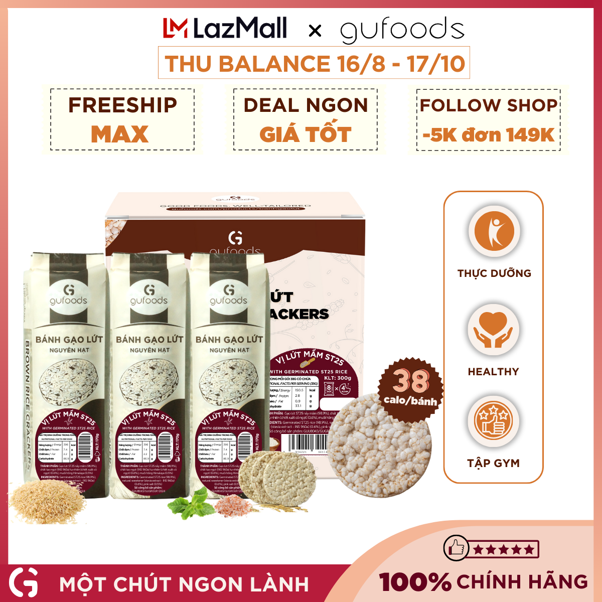 Bánh gạo lứt mầm ST25 GUfoods - Giàu chất xơ và GABA tự nhiên, Không chiên dầu, Không đường, Lành mạnh, Phù hợp Eat clean, Ăn vặt healthy, Thực dưỡng, Tập Gym, Thuần chay