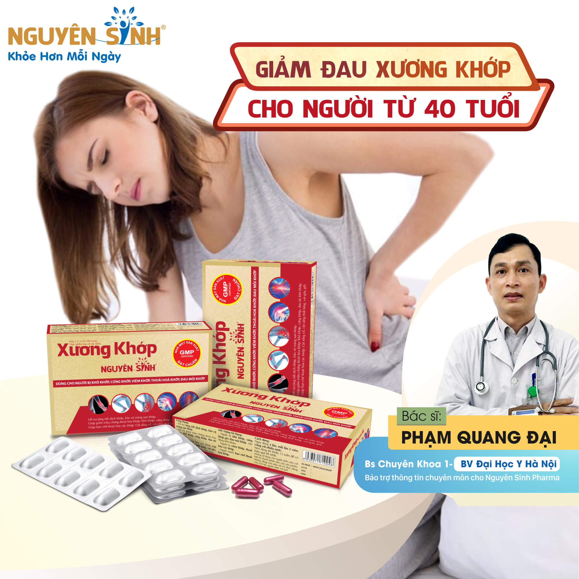 3 hộp Xương khớp Nguyên Sinh, thực phẩm chức năng cho người bị thoái hóa khớp, đau xương khớp, khô khớp do thiếu canxi, 9 vỉ x 10 viên DNS-XK03