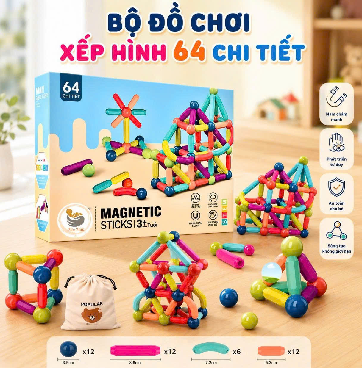 Đồ Chơi Nam Châm Lắp Ghép 64 Chi Tiết - Bộ Xếp Hình Nam Châm STEM Kèm Túi Rút & Sách Mẫu Phát Triển Tư Duy Cho Bé