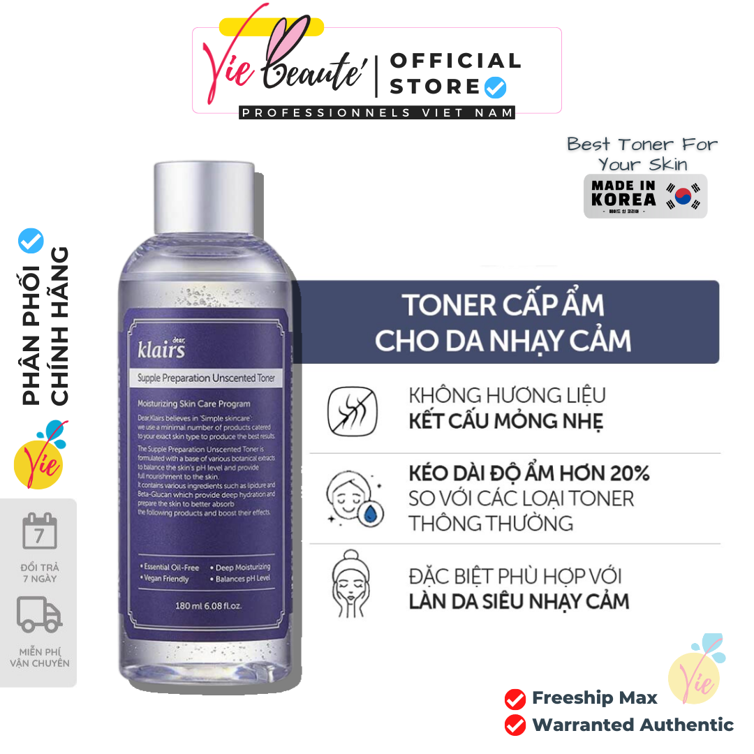 HOÀN TIỀN 15% - Toner Klairs Không Mùi Dưỡng Ẩm - KLAIRS SUPPLE PREPARATION UNSCENTED TONER 180ML