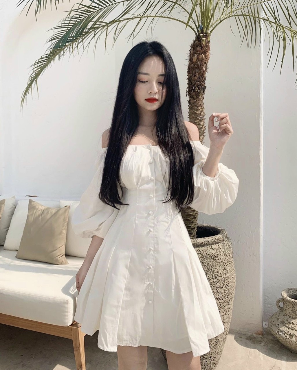 Đầm trễ vai tay phồng chất kate jean lót toàn thân