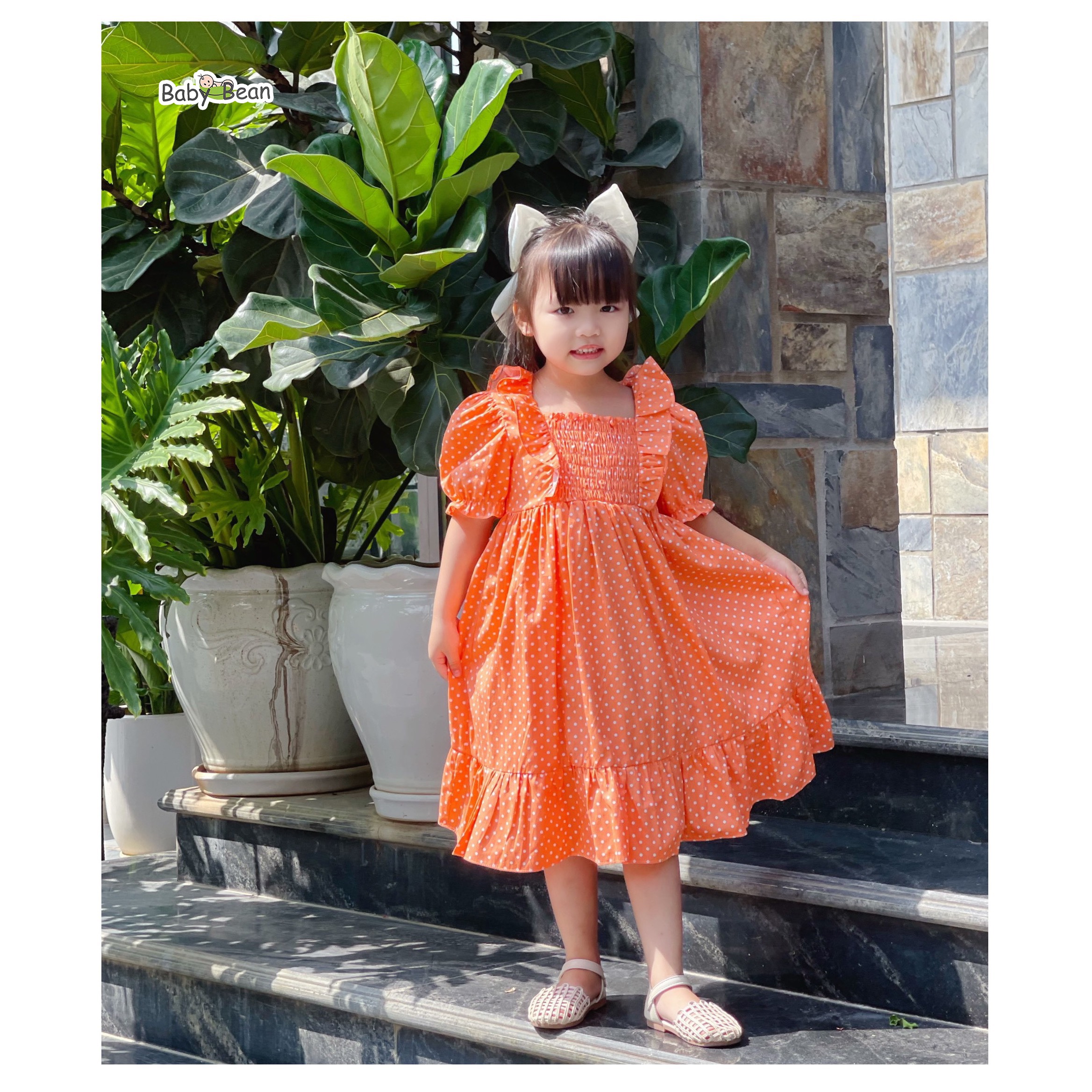 Váy Đầm Cotton Smock Nhún Bèo Bé Gái BabyBean