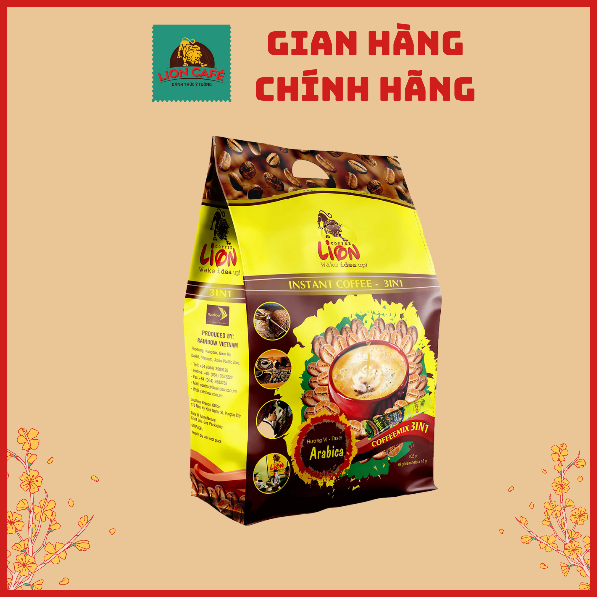 Cà Phê Chồn Hòa Tan 3in1 - LION CAFE 702g (Gói 39 que x 18g) - Thơm Ngon Đậm Vị