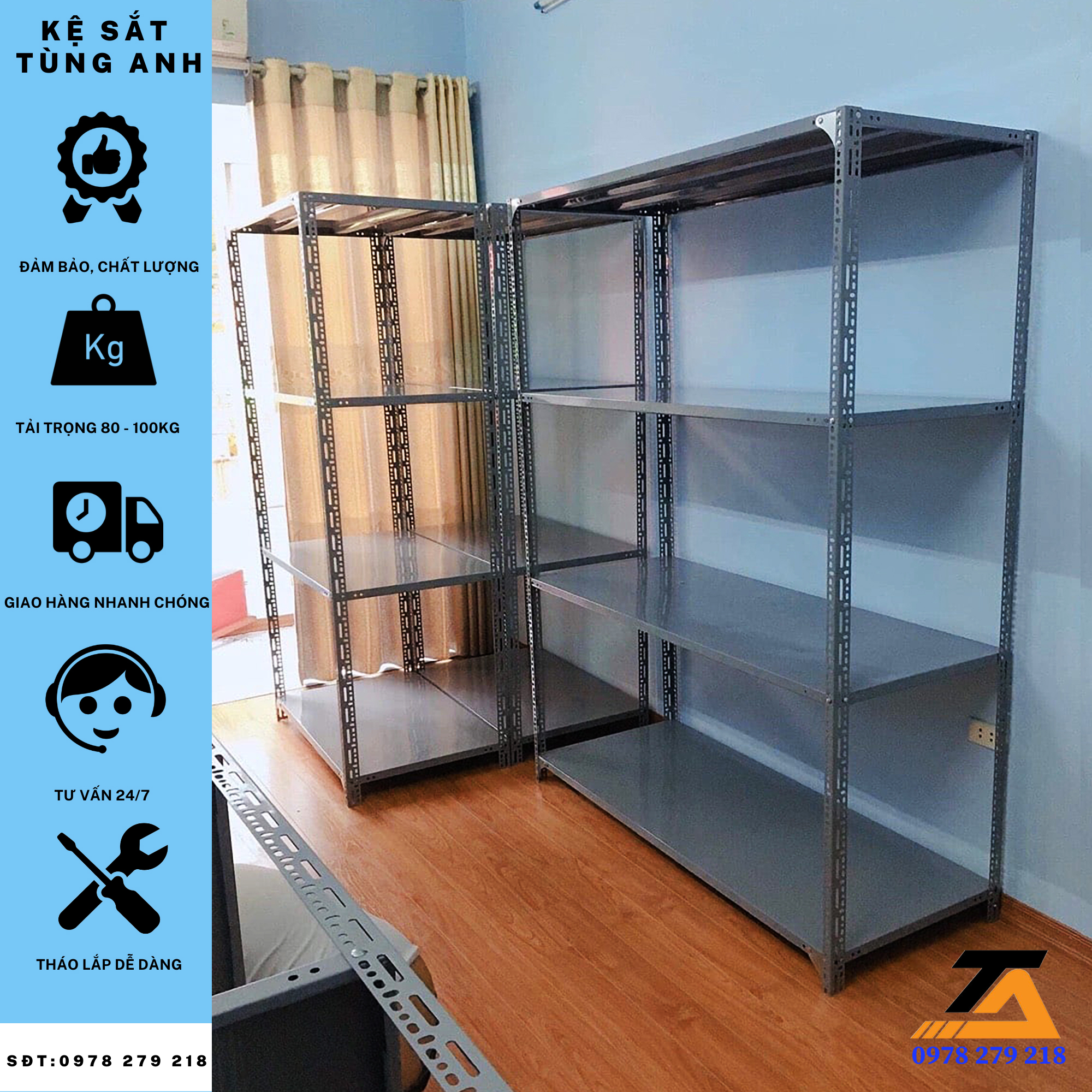 Kệ sắt v lỗ dài 150cm x rộng 40cm x cao 150cm, 4 tầng