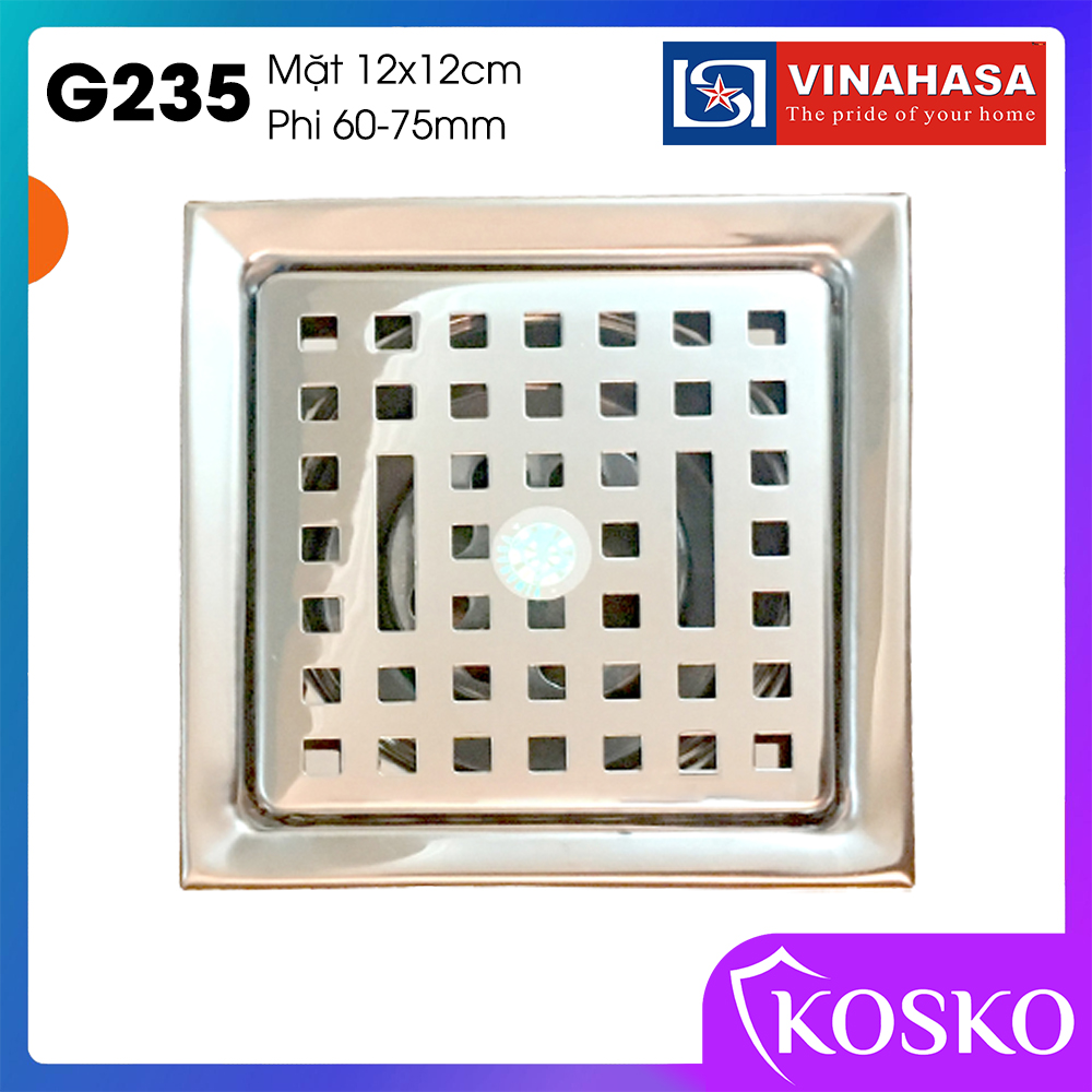 Ga thoát sàn – phễu thoát sàn KOSKO INOX Vinahasa 12x12cm Phi 75 - 60mm Chống Hôi – Lọc Rác 3 lớp hiệu quả G235 (Bảo hành 12 tháng – 1 đổi 1 trong 7 ngày)