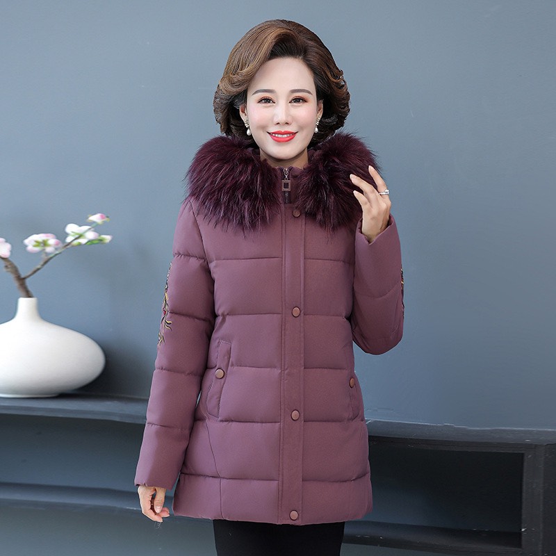 Áo khoác phao trung niên dáng lỡ tay thêu hoa chất liệu bông nhẹ cao cấp