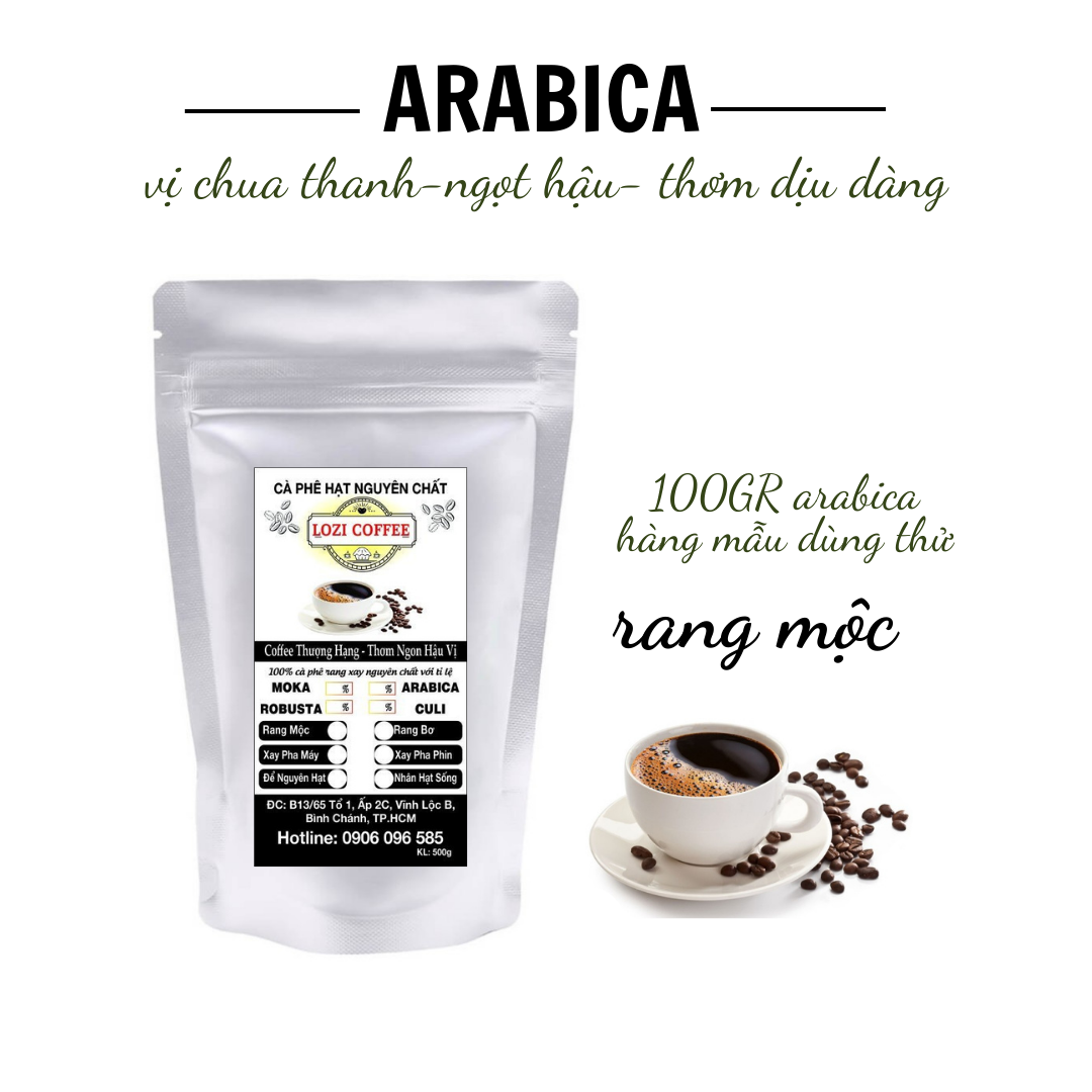Cà phê hạt nguyên chất rang mộc arabica rang xay sạch 100%, 100g/1 bịch