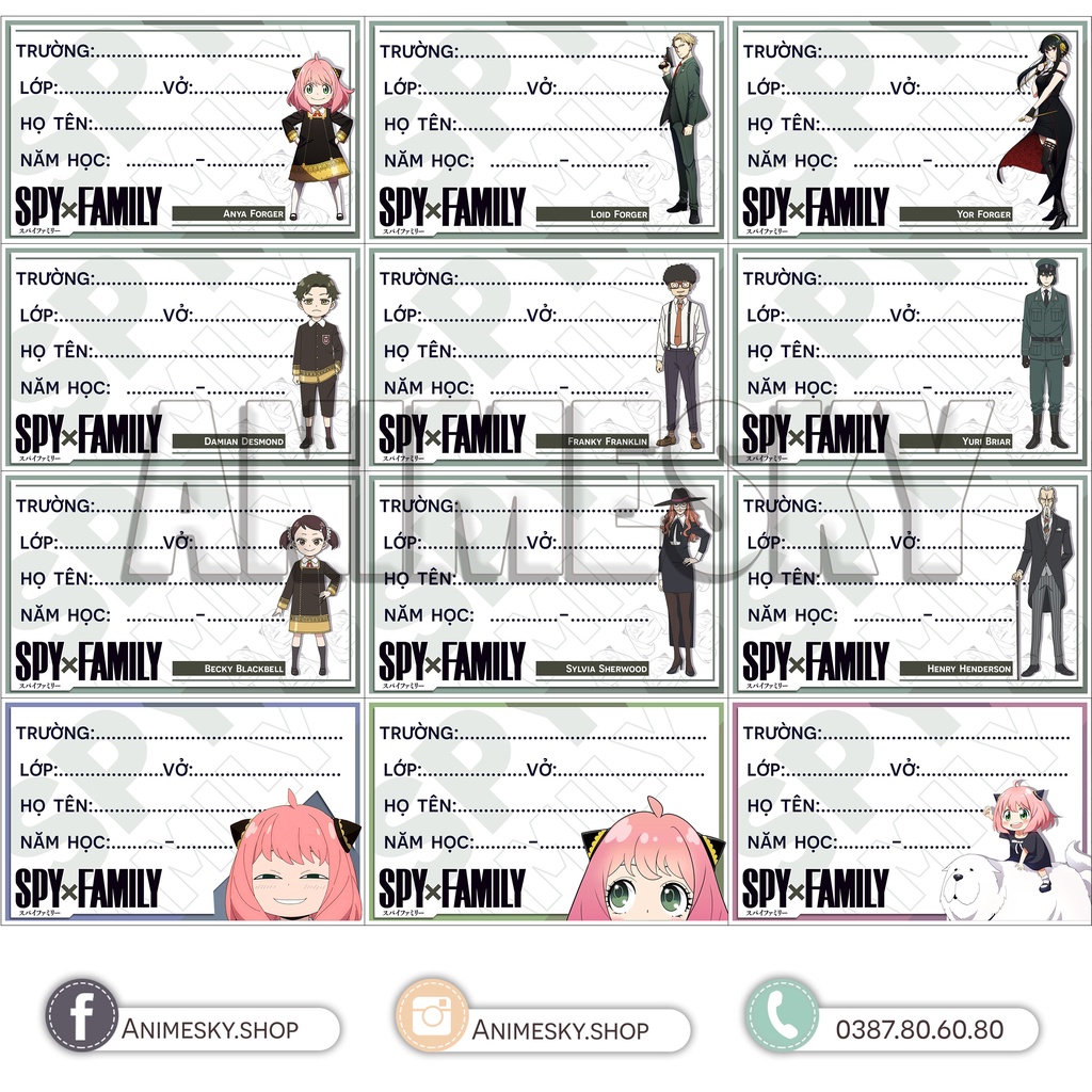 Nhãn vở SPYxFamily 1 bộ 12 mẫu độc đáo - nhãn vở Anime/Manga