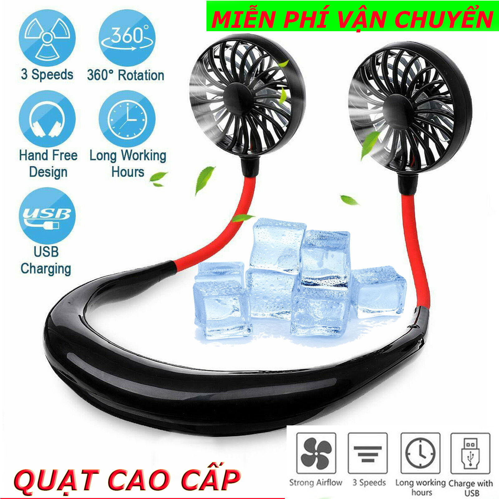 Quạt Mini Đeo Cổ 3 Tốc - Quạt tích điện mini đeo cổ tiện lợi giải pháp dành cho mùa hẹ nắng nóng.