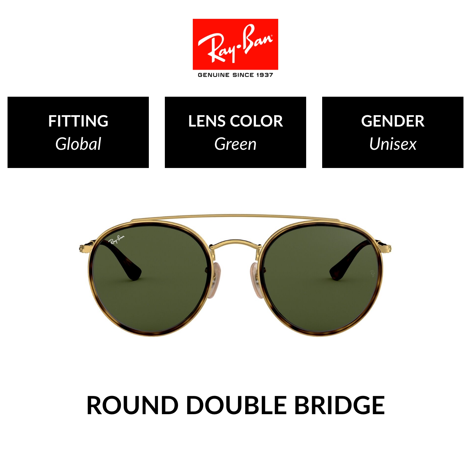 Mắt kính ray-ban round double bridge - rb3647n 001 - kính mát size 51