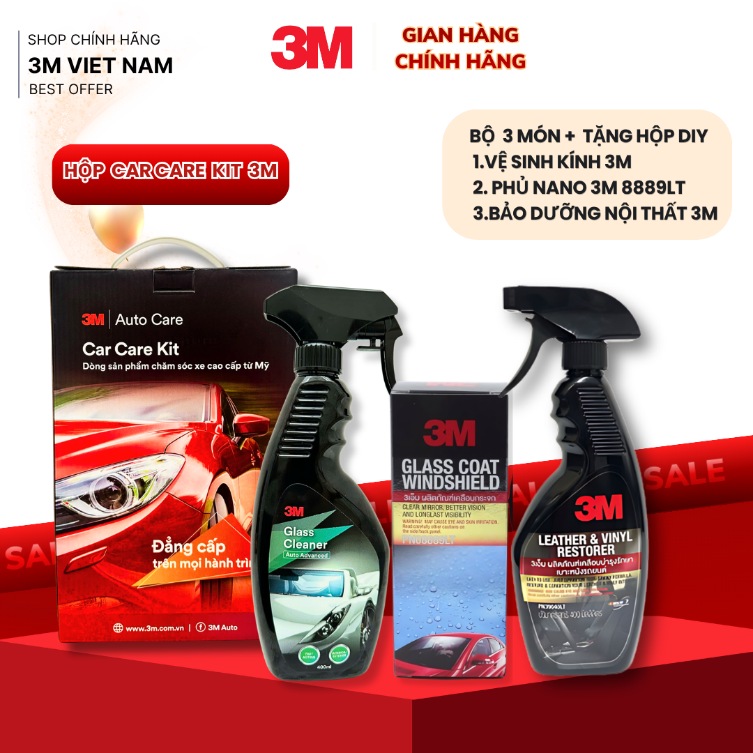 [HỘP DIY]  Dung dịch rửa kính xe  + Dung dịch chống bám nước kính xe 08889 LT + Chai xịt chăm sóc và bảo vệ nội thất ô tô 39040LT