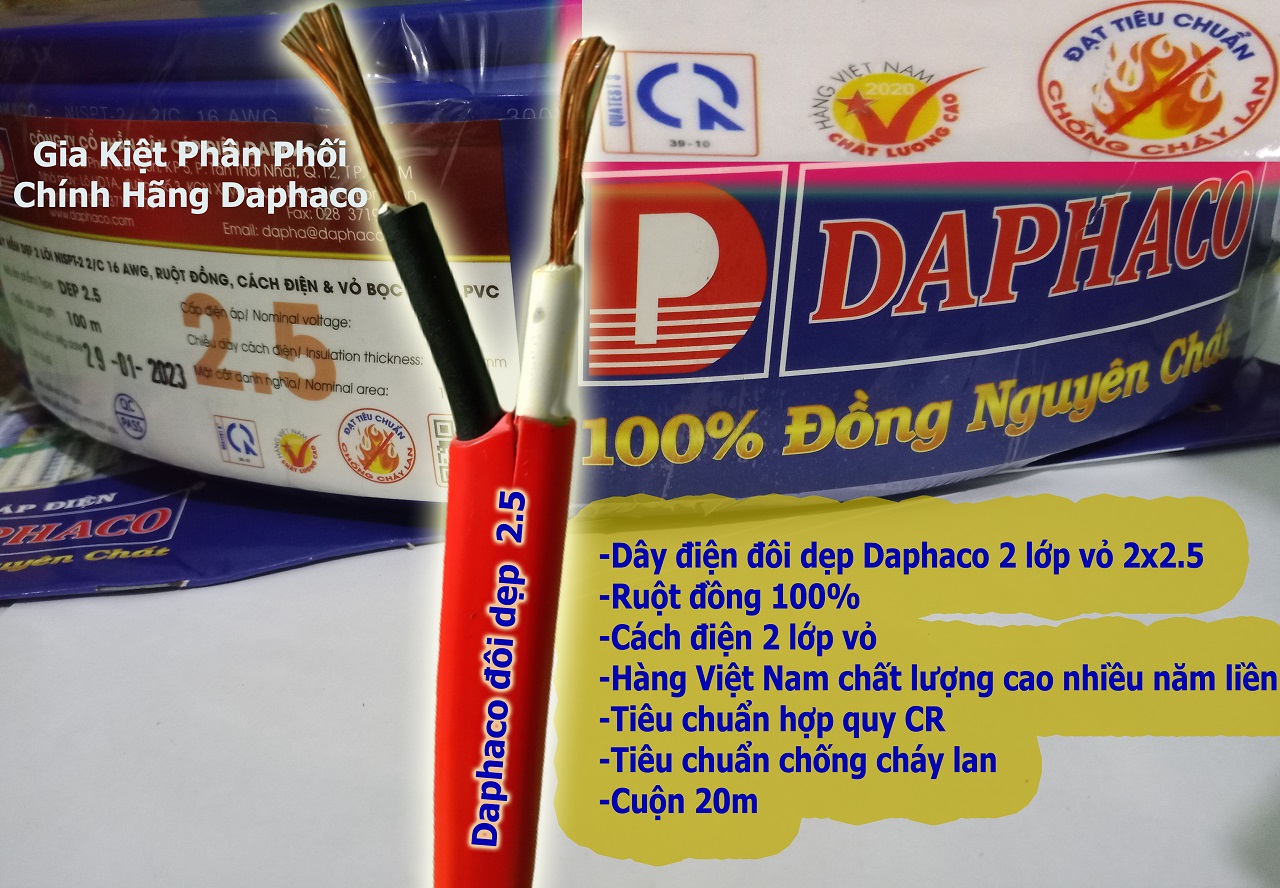 20m dây điện đôi dẹp 2 lớp vỏ Daphaco 2.5