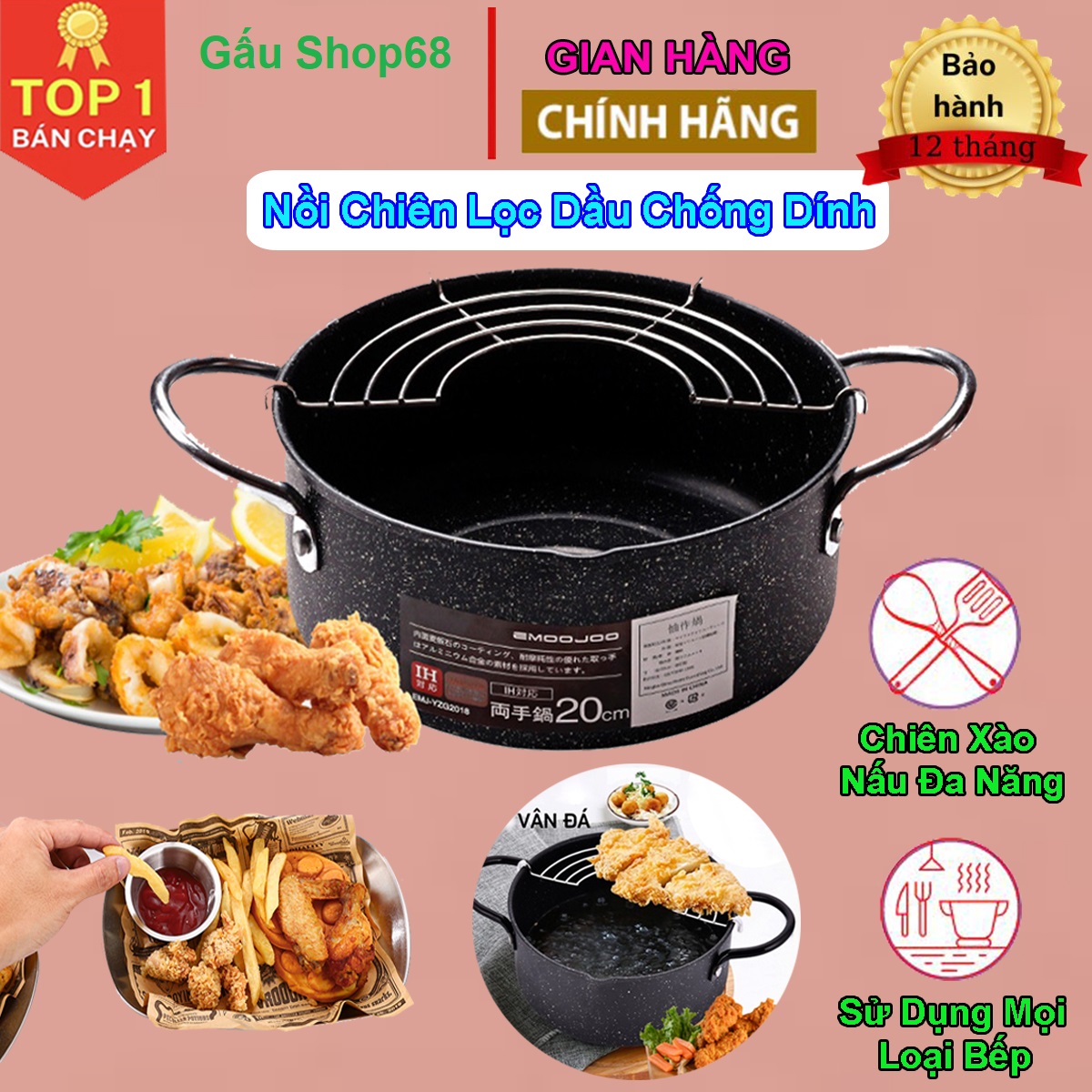 Nồi chiên lọc dầu chống dính, tặng kèm vỉ gác ráo dầu mỡ inox - nồi chiên ngập dầu chống dính emoojoo nhật, không lo tốn nhiều dầu mỡ khi chiên, nồi chiên vân đá chống dính