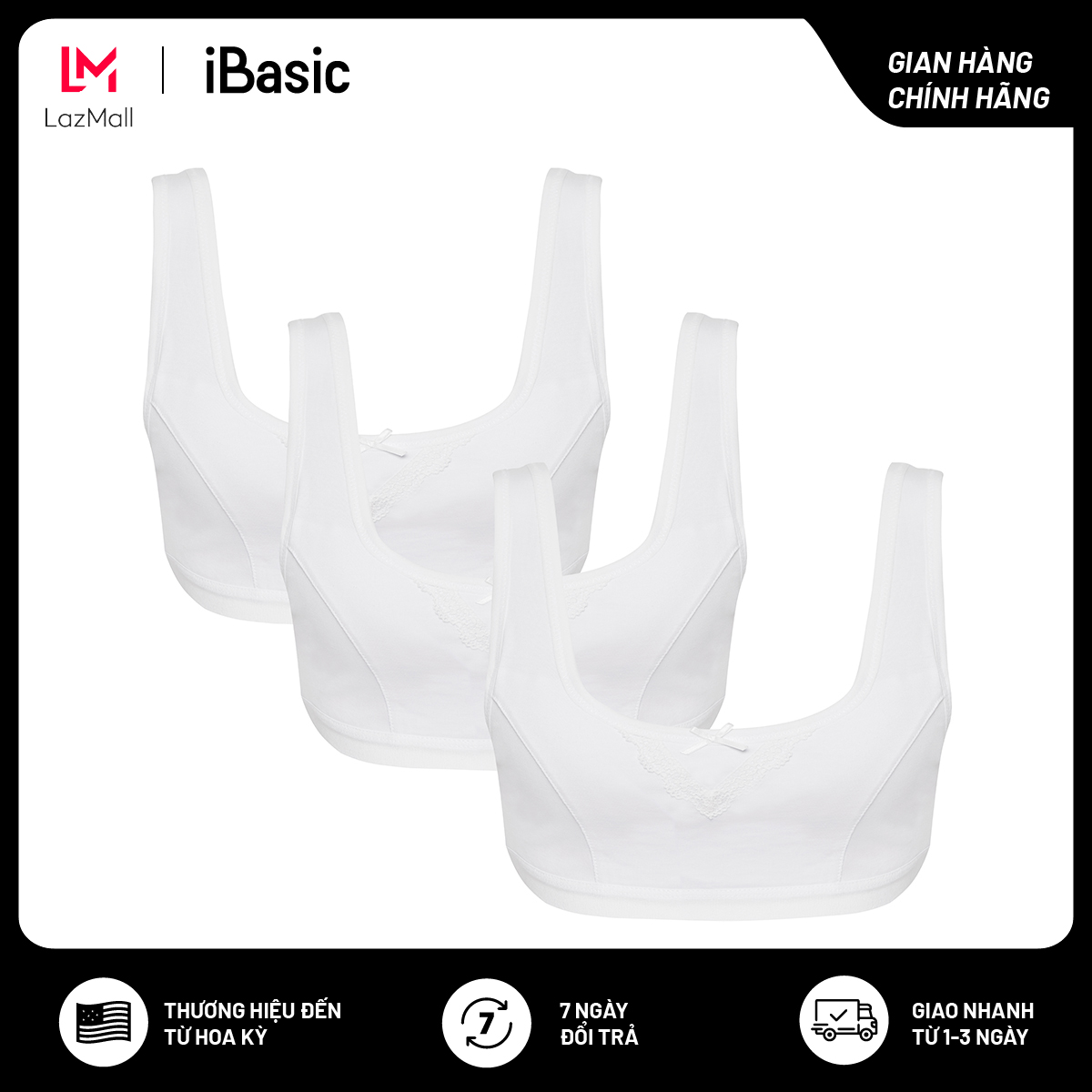  Combo 3 áo ngực học sinh iBasic cotton USA kháng khuẩn tròng cổ BRAT003 