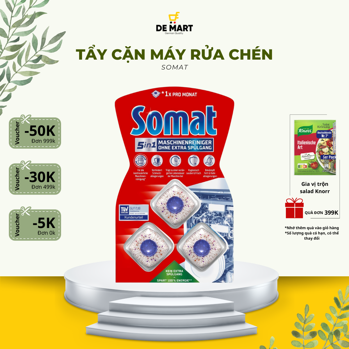 [Chuẩn Đức] Viên vệ sinh máy rửa chén Somat 3 viên | Sạch dầu mỡ, tẩy cặn, khử khuẩn, khử mùi, bảo vệ máy móc