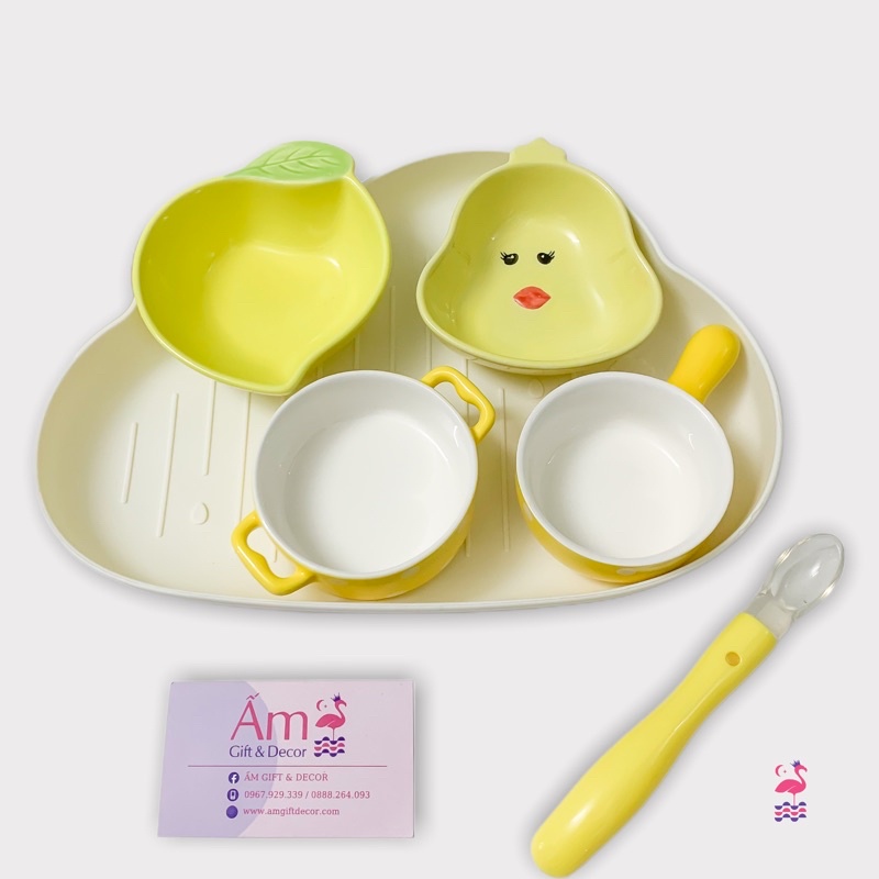 Bộ bát ăn dặm cho bé ấm gift & decor gồm bộ chén sứ ăn dặm kiểu nhật 120-150ml, khay ăn dặm đám mây và thìa tập ăn