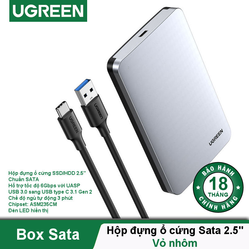 Hộp đựng ổ cứng 2.5 inch SSD/HDD, chuẩn SATA III/SATA- II, hỗ trợ lên đến 6TB, hai loại vỏ nhựa ABS và vỏ nhôm cao cấp UGREEN US221 CM300