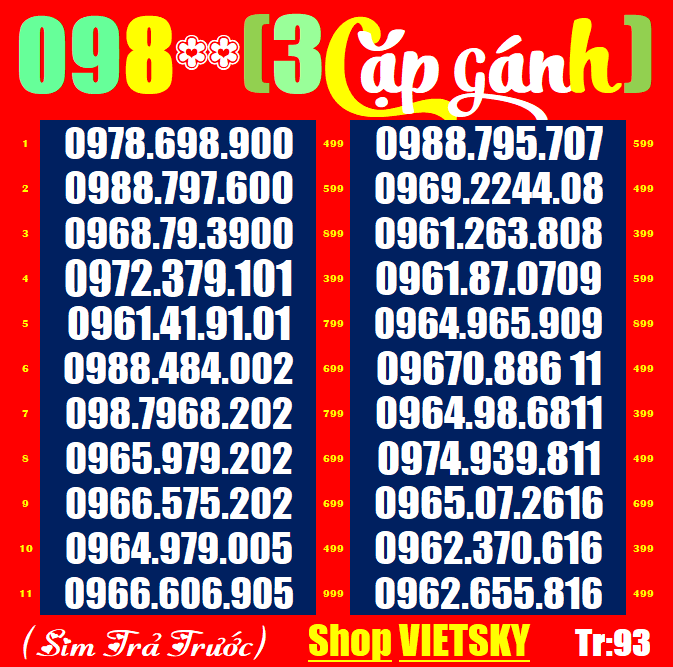 Sim 09 viettel list 93,94,95,96,97,100 sim nguyên kít, chưa kích hoạt, sim viettel phủ sóng toàn quốc | vietsky
