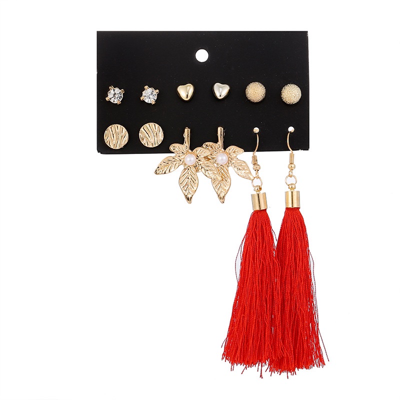 [HCM]Set 6 đôi bông tai khuyên tai lá hoa tua rua đỏ
