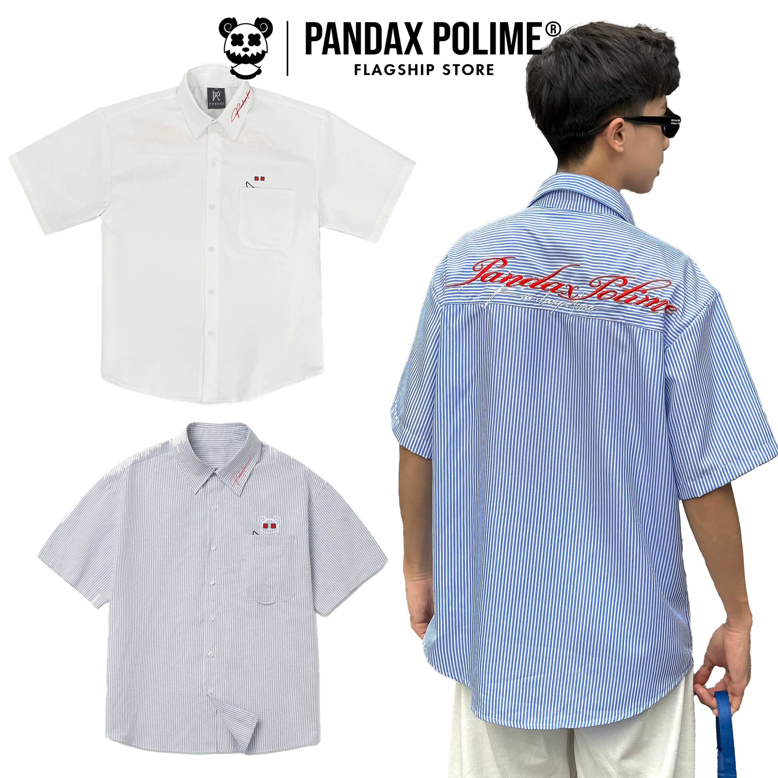 Sơ mi oxford local brand PANDAX POLIME áo kẻ sọc xanh trắng local brand striped shirt form rộng thêu tay ngắn có túi cặp đôi nam nữ Polime Oxford Shirt