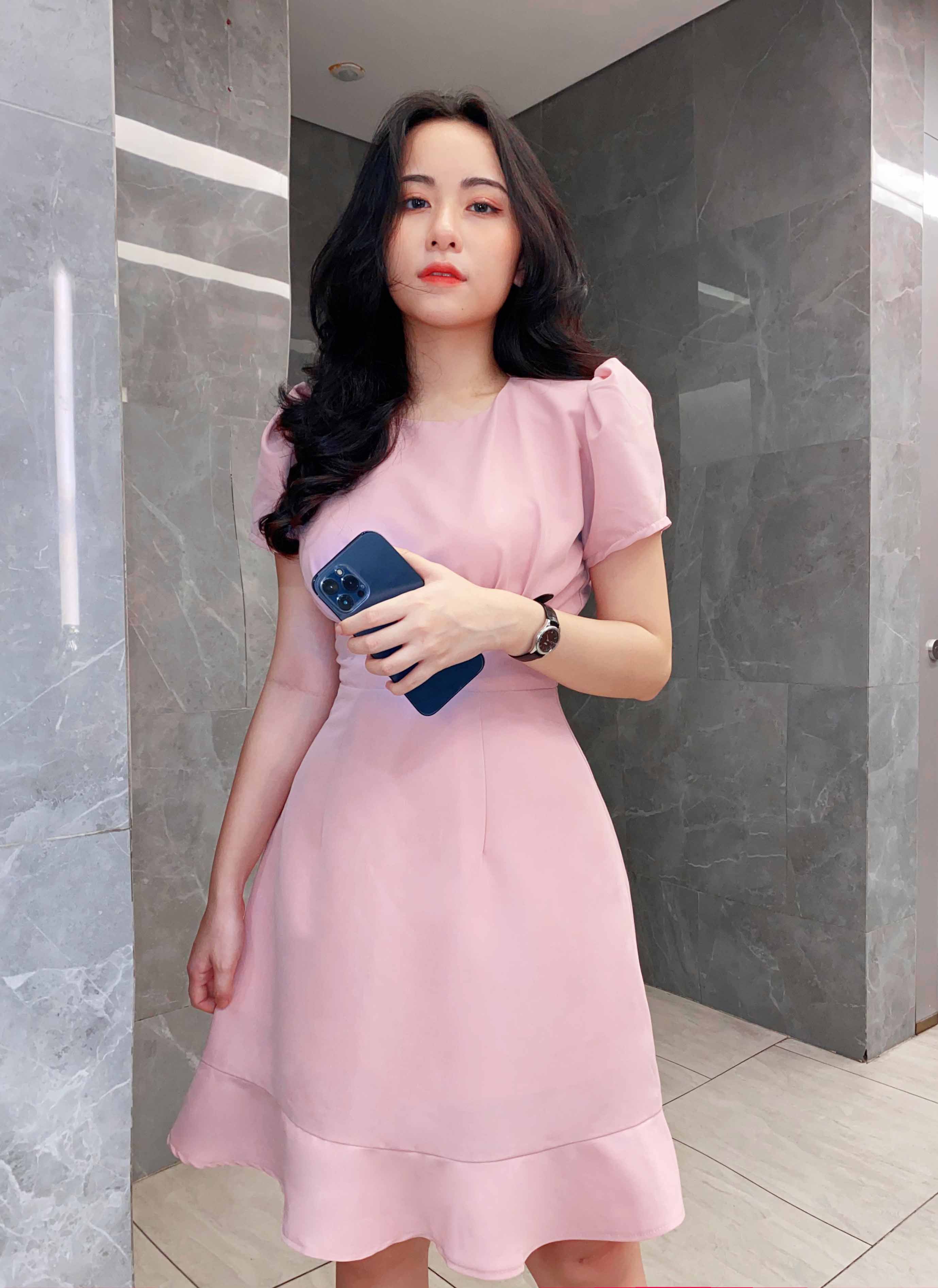 Đầm công sở đẹp thiết kế chữ a tay ngắn thời trang đi làm đi tiệc nhẹ nhàng màu hồng thanh lịch - Thời trang Lux W