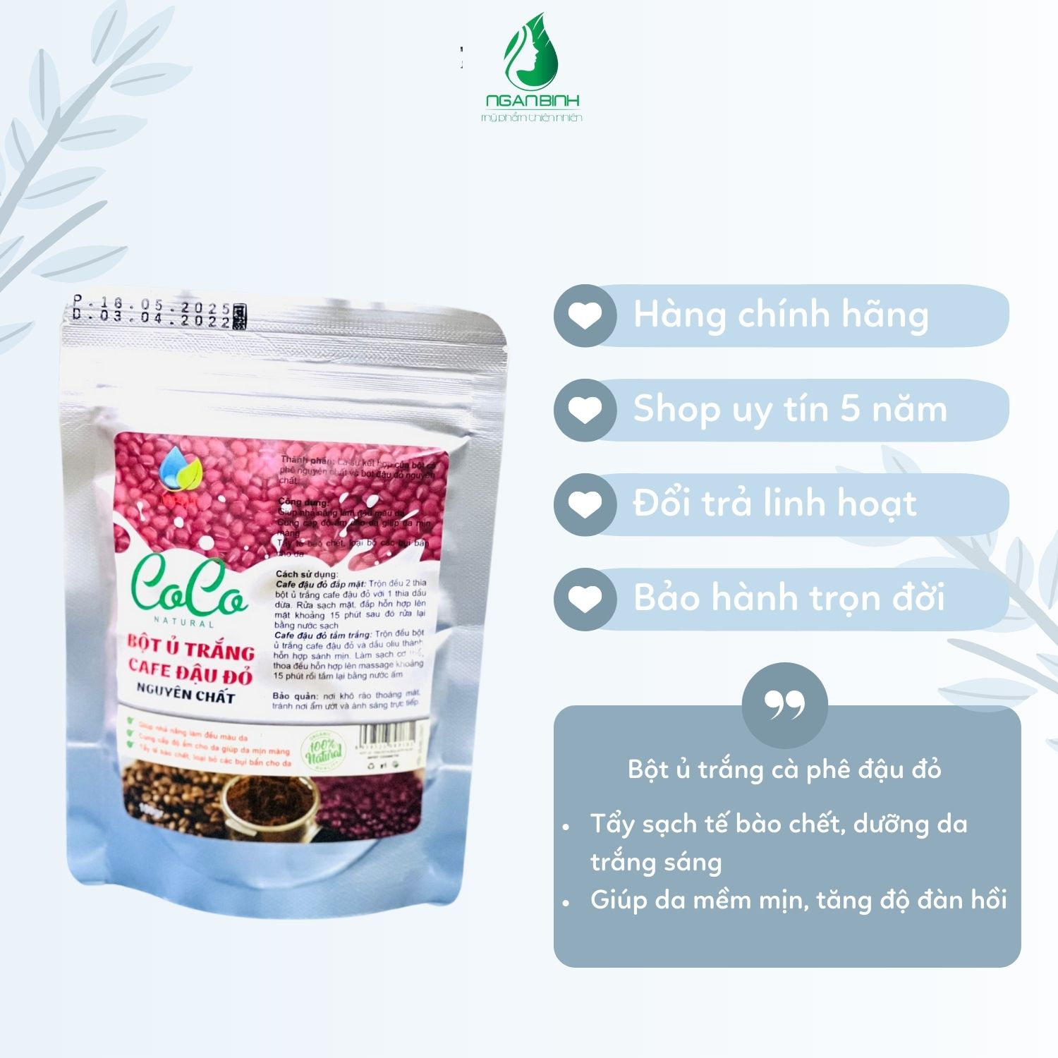 Ủ trắng cafe đậu đỏ tẩy tbc, làm da trắng sáng 100gr