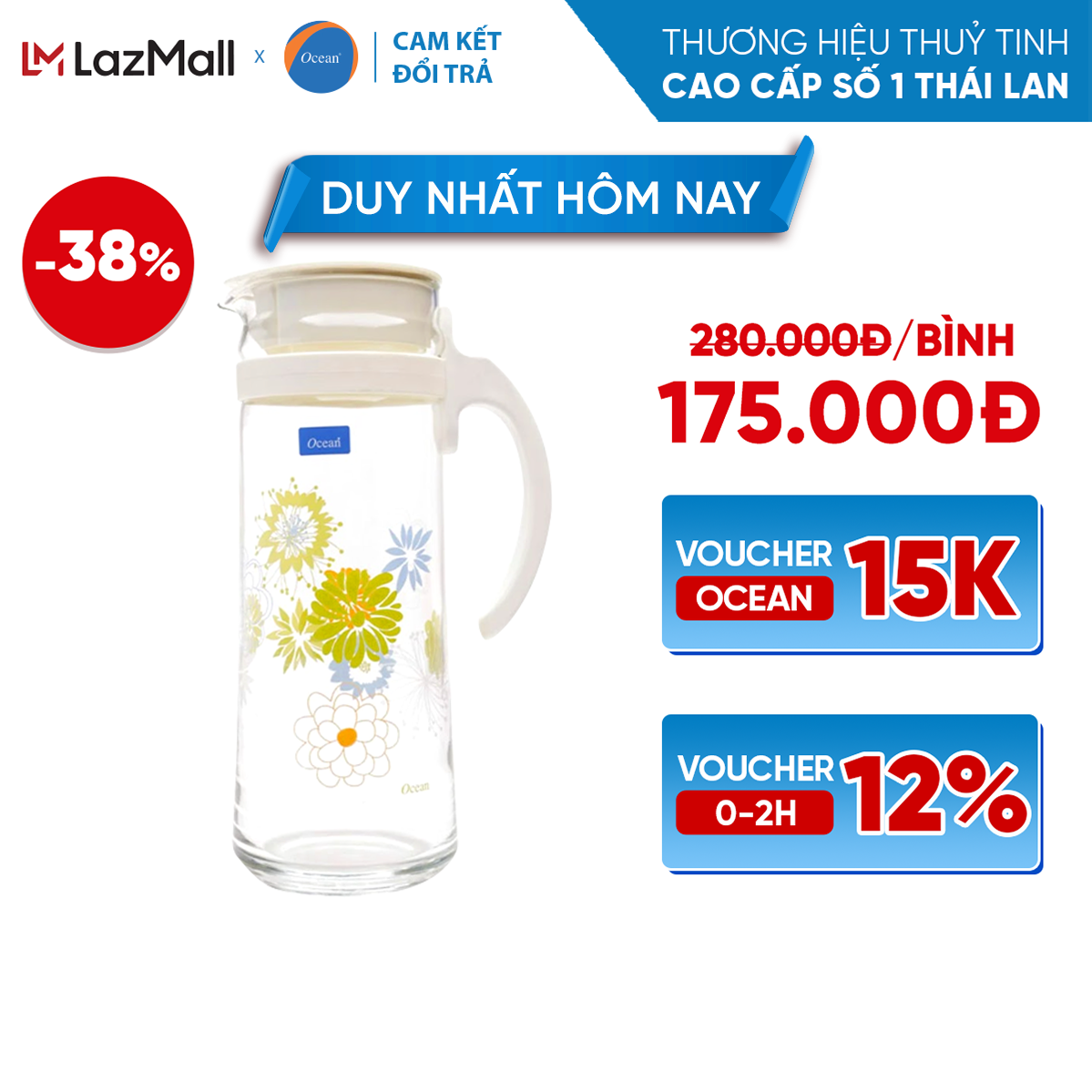 [Cam Kết Đổi Trả Nếu Vỡ] Bình Thủy Tinh - Ocean Patio 1,2L in hoa - Chính Hãng