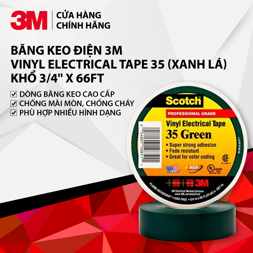 Băng Keo điện 3M Vinyl Electrical Tape 35 (xanh lá) khổ 3/4'' x 66ft