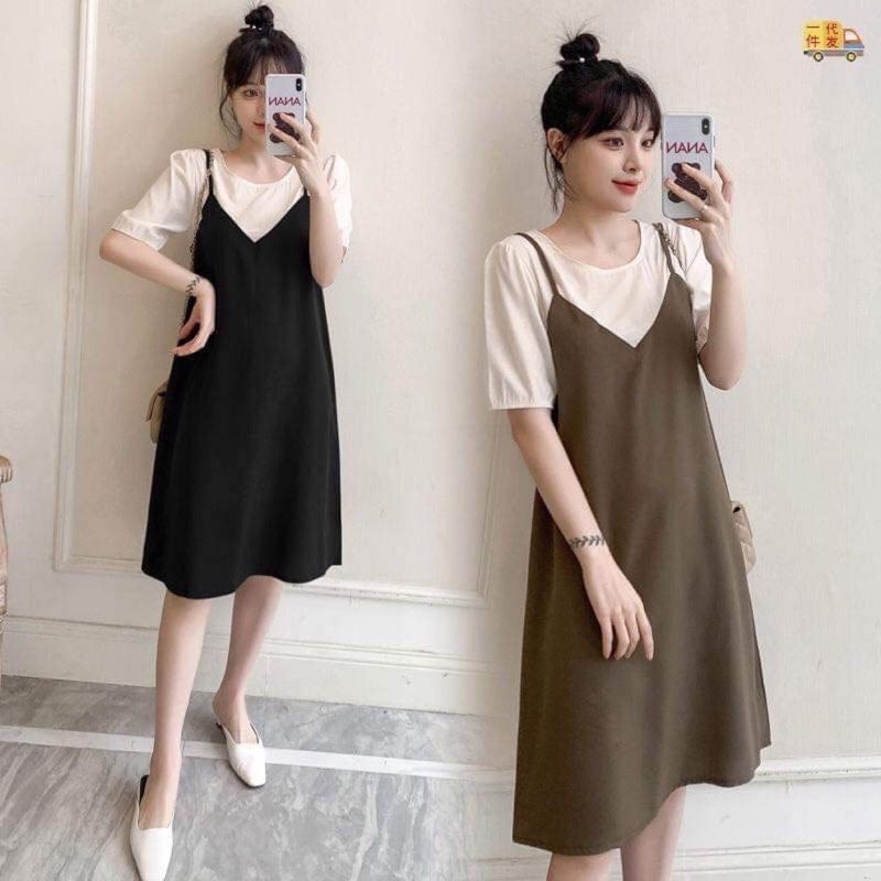 Đầm bầu yếm hai dây liền thân vải mát mặc đi làm đi chơi
