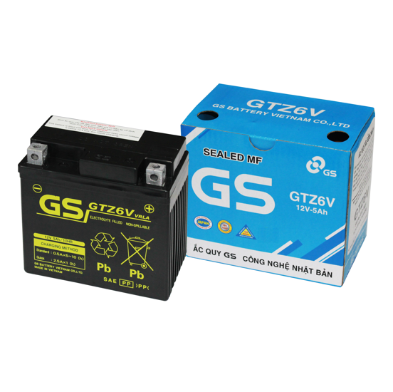 Bình acquy xe máy khô miễn bảo dưỡng GS GTZ6V (12V-5AH), ắc quy xe máy honda 12v.