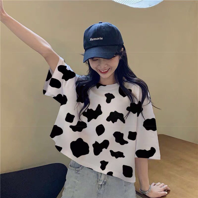 ÁO THUN NỮ CROPTOP BÒ SỮA LOANG XINH XẮN CHẤT THUN CO GIÃN THOẢI MÁI