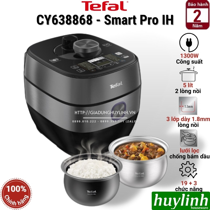 Nồi áp suất điện tử tefal smart pro ih multicooker cy638868 - 2 lòng nồi 5 lít - 1300w