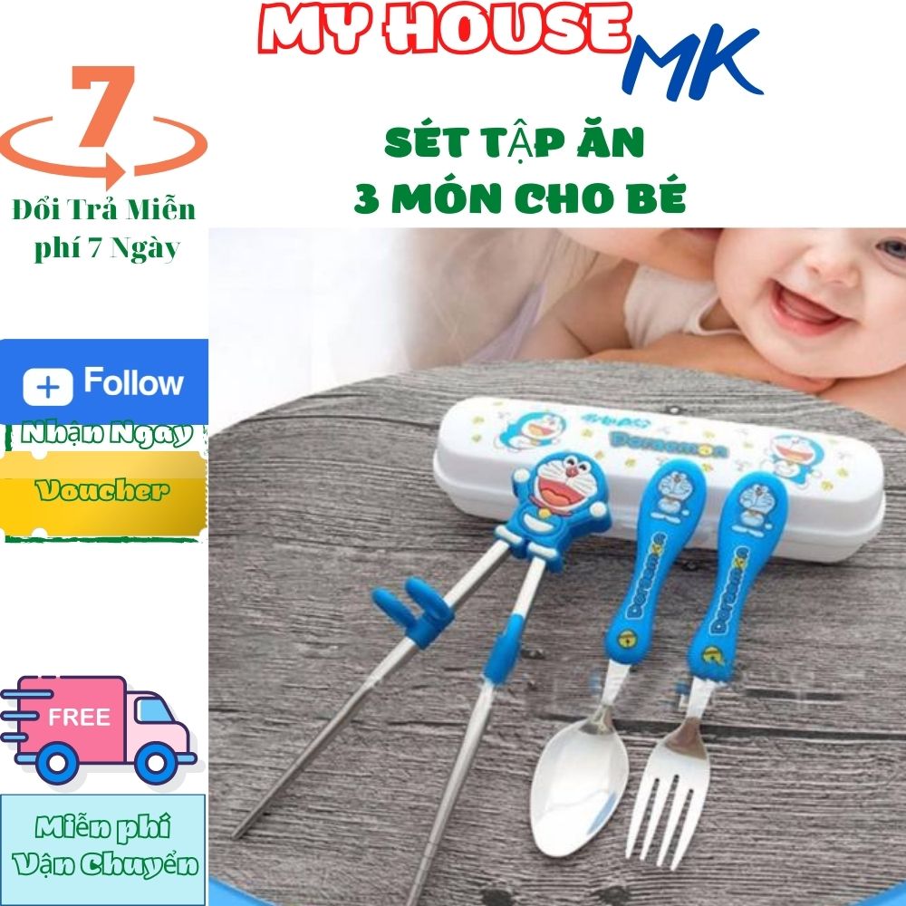 Set tập ăn 3 món (Muỗng, Nĩa, Đũa Tập Ăn) inox kèm hộp đựng cho bé. Do tap an cho be, dung cụ tập ăn cho bé.