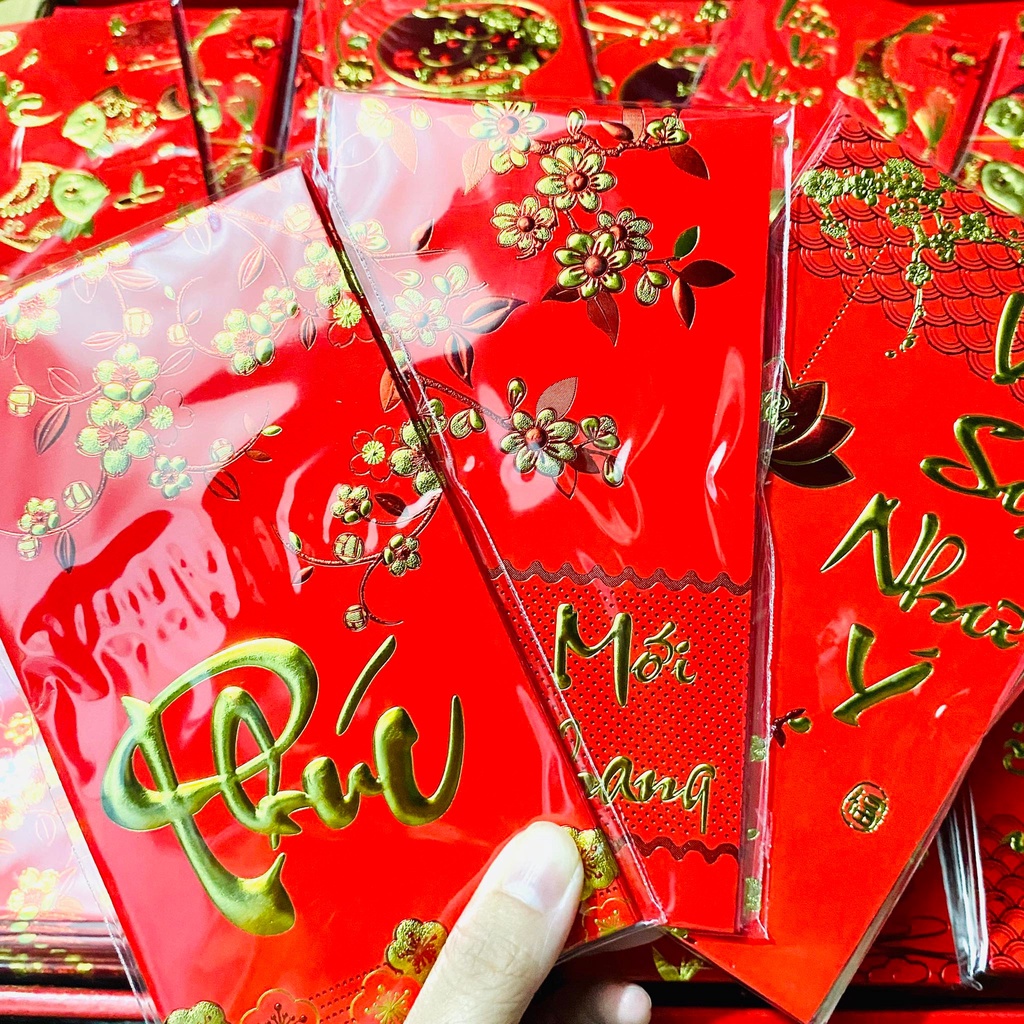 Bao lì xì tết quý mão 2023 - set 6 bao lì xì tết đẹp màu đỏ in chữ nổi 3d truyền thống