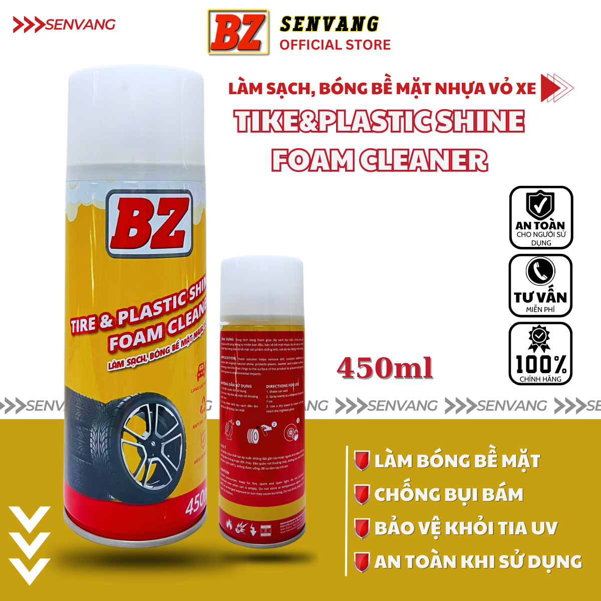Chai xịt làm bóng vỏ, phục hồi nhựa đen BZ TIKE&PLASTIC SHINE FOAM CLEANER dưỡng nhám chính hãng 450ml