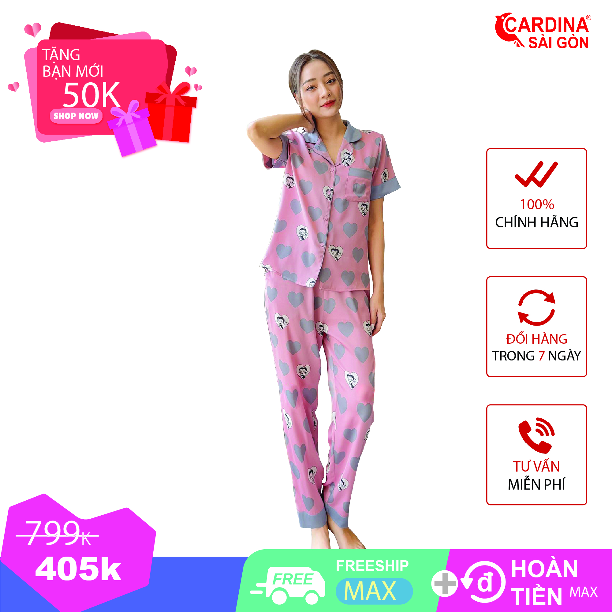 Đồ bộ pijama lụa Cardina Sài Gòn chất liệu cao cấp tay ngắn quần dài họa tiết dễ thương mặc nhà tiểu thư mã 1PI18