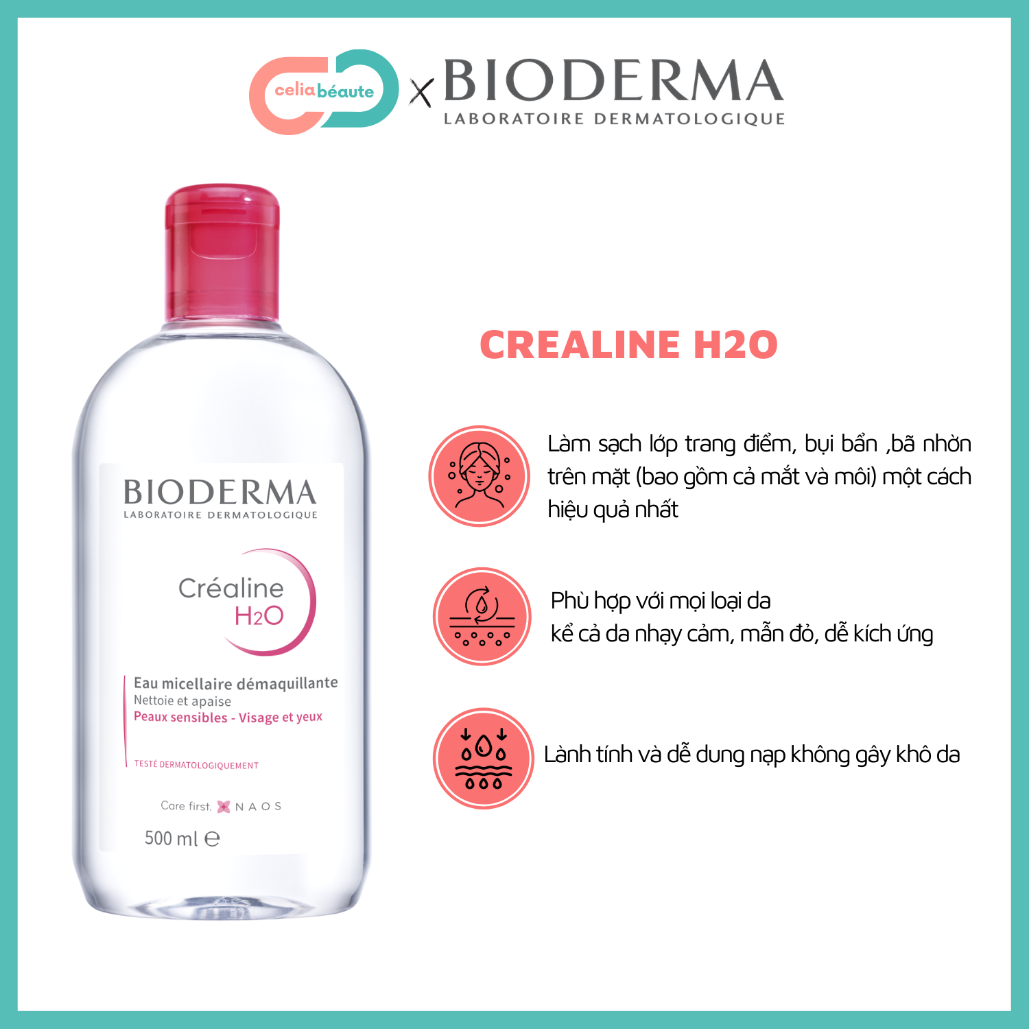Nước Tẩy Trang Bioderma Crealine H2O Solution Micellaire 500ml Hồng